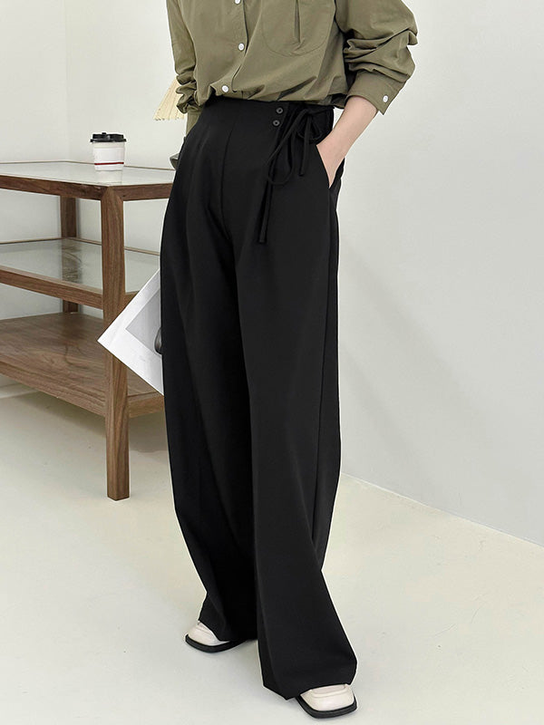 Lace-Up Pleated Solid Color Split-Joint High Waisted Loose Trousers Suit Pants