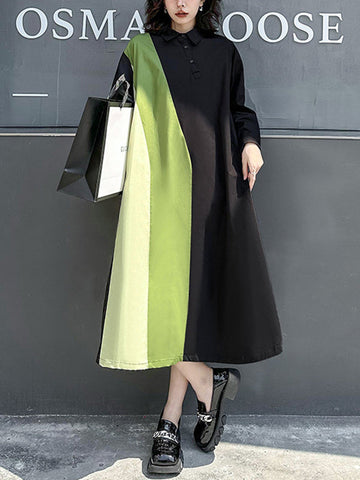 Asymmetric Buttoned Contrast Color Split-Joint Long Sleeves Loose Lapel Shirt Dress Midi Dresses