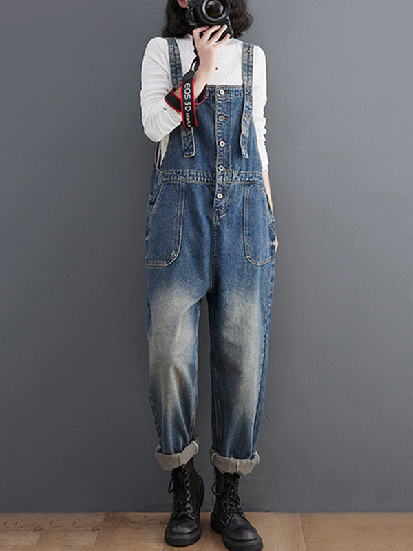 Artistic Retro Loose Solid Color Denim Overalls