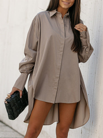 Urban Long Sleeves High-Low Solid Color Lapel Collar Blouses