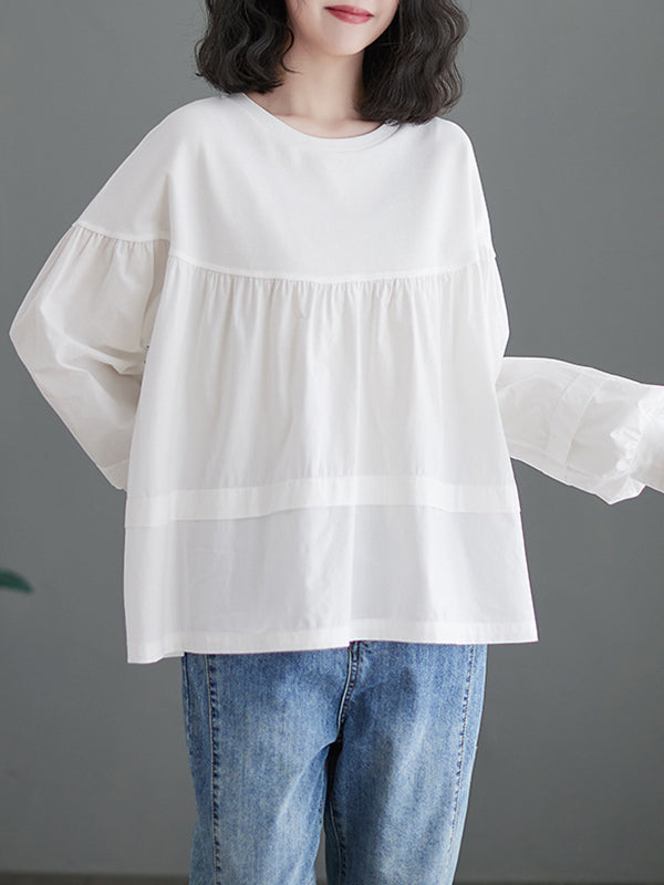 Pleated Split-Joint A-Line Long Sleeves Round-Neck T-Shirts Tops