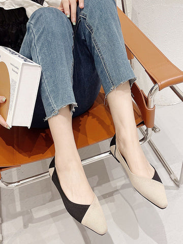 Contrast Color Pointed-Toe Split-Joint V-Cut Flats Flat Shoes