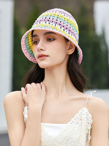 Contrast Color Hollow Short Brim Woven Sun-Protection Hats&Caps Fisherman Hat