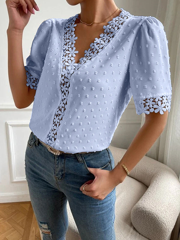 Applique Solid Color Loose Short Sleeves V-neck Blouses&shirts Tops