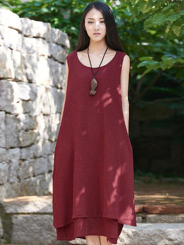 Burgundy&Black Ramie Cotton Sleeveless Long Dress