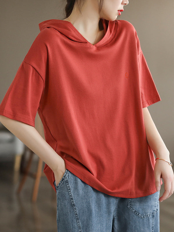 Hooded Solid Color Short Sleeves Hooded T-Shirts Tops