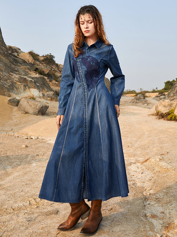 Vintage Bohemia Embroidered A-Line Dress Denim Midi Dress