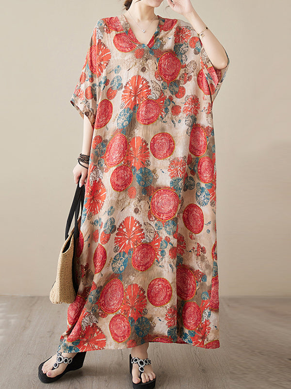 Printed Loose Short Sleeves V-Neck Maxi Dresses