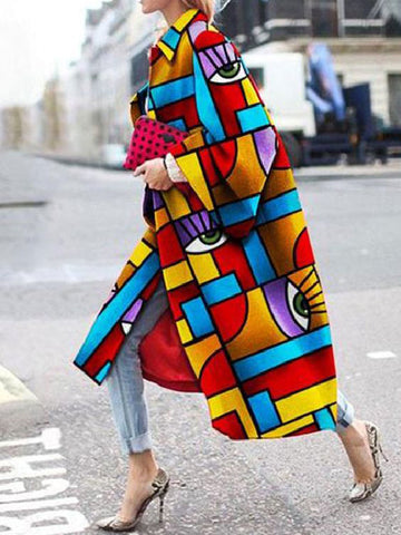 Long Sleeves Figure Printed Lapel Woolen Coat