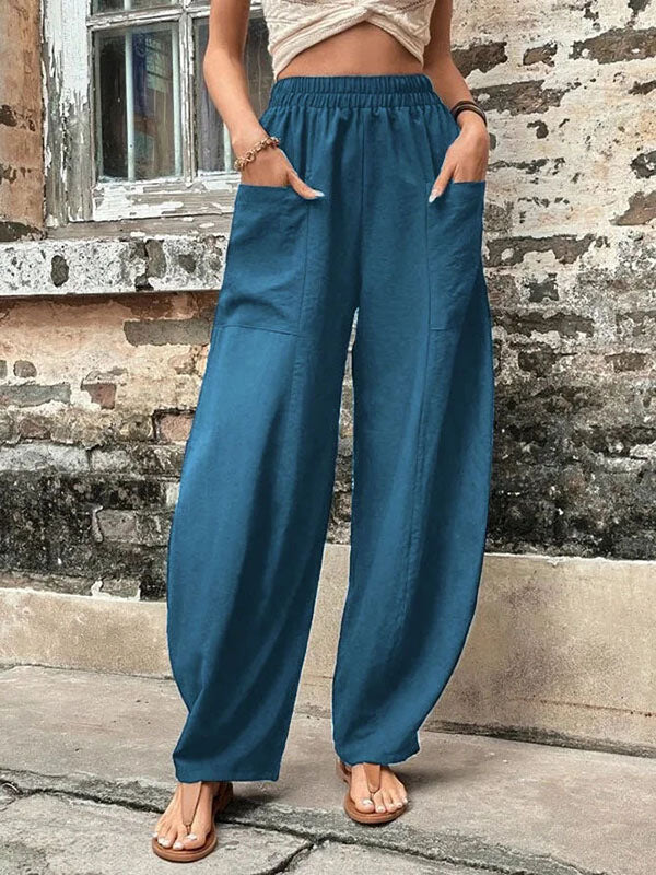 Elasticity Pockets Solid Color Loose Plus Size Pants