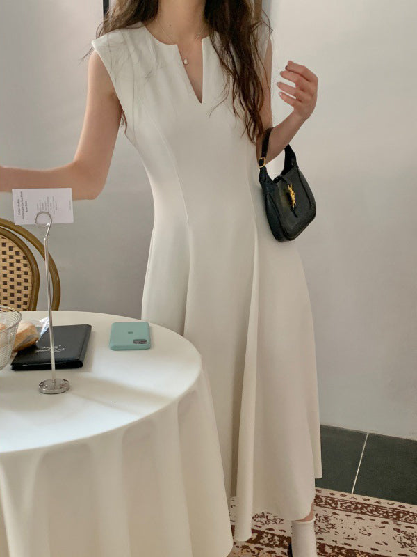 Solid Color A-line Sleeveless V-neck Midi Dresses