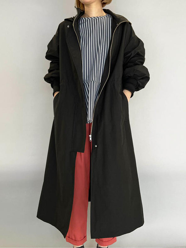 Loose Long Sleeves Drawstring Solid Color Zipper Hooded Trench Coats Outerwear