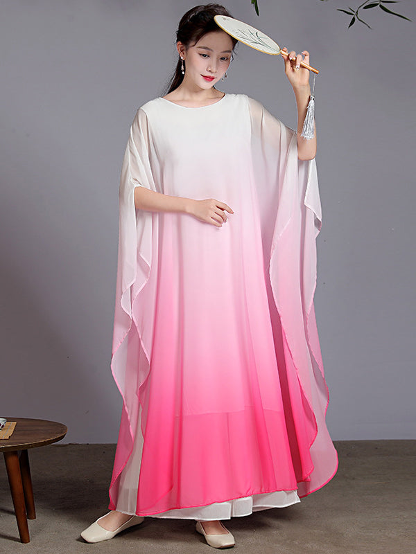 Artistic Retro Half Sleeves Loose Gradient Round-Neck Maxi Dresses