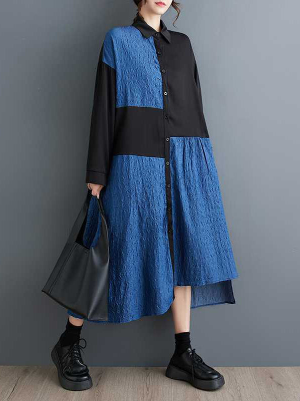 Asymmetric Buttoned Split-Joint High-low Long Sleeves Lapel Midi Dresses