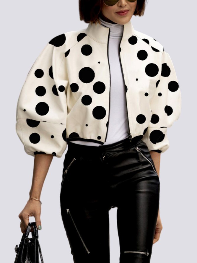 Urban Puff Sleeves Loose Polka Dot Stand Collar Jackets