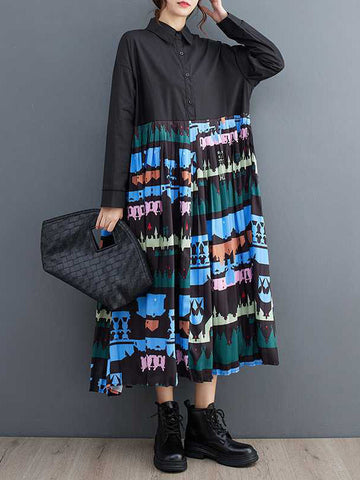 Buttoned Pleated Printed Split-Joint A-Line Long Sleeves Lapel Midi Dresses