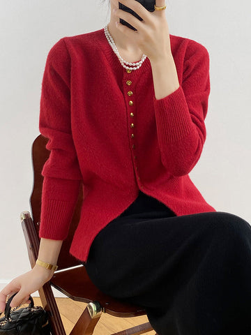 Elegant Long Sleeves Solid Color Round-Neck Cardigan Tops