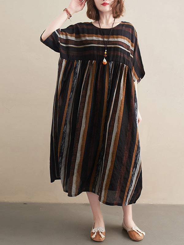 Original Cotton Blend Stripe Half Sleeve Maxi Dress