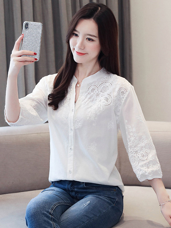 Vintage Half Sleeves Hollow Embroidered White Blouse