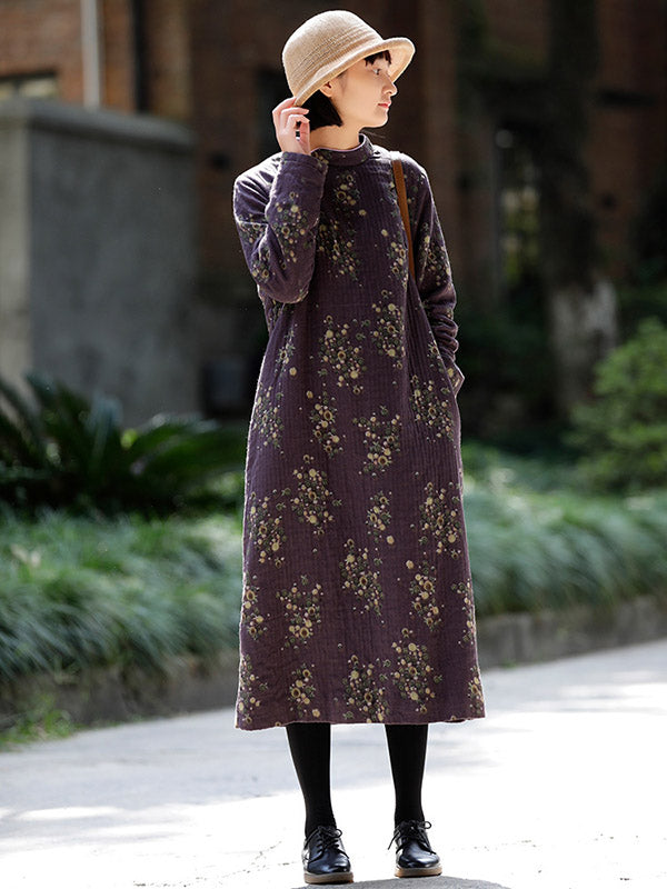 Vintage Loose Printed Keep Warm Velvet Midi Dress Long Cheongsam