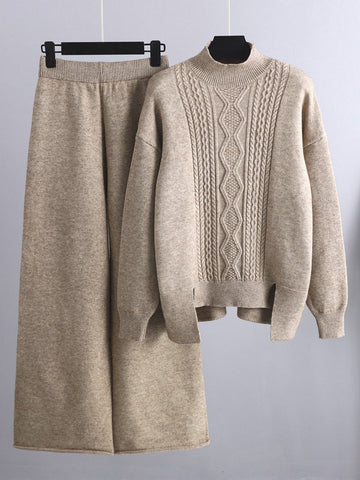 Urban Loose Split-Side Half Turtleneck Sweater Tops& Wide Leg Pants Two Pieces Set