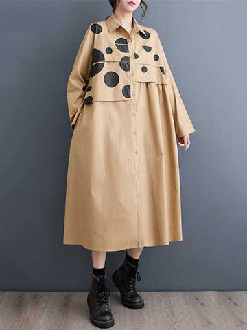 Asymmetric Buttoned Polka Dot Split-Joint A-Line Long Sleeves Lapel Midi Dresses