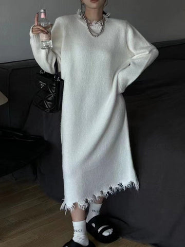 Fringed Solid Color High Waisted Long Sleeves Round-Neck Sweater Dresses Midi Dresses