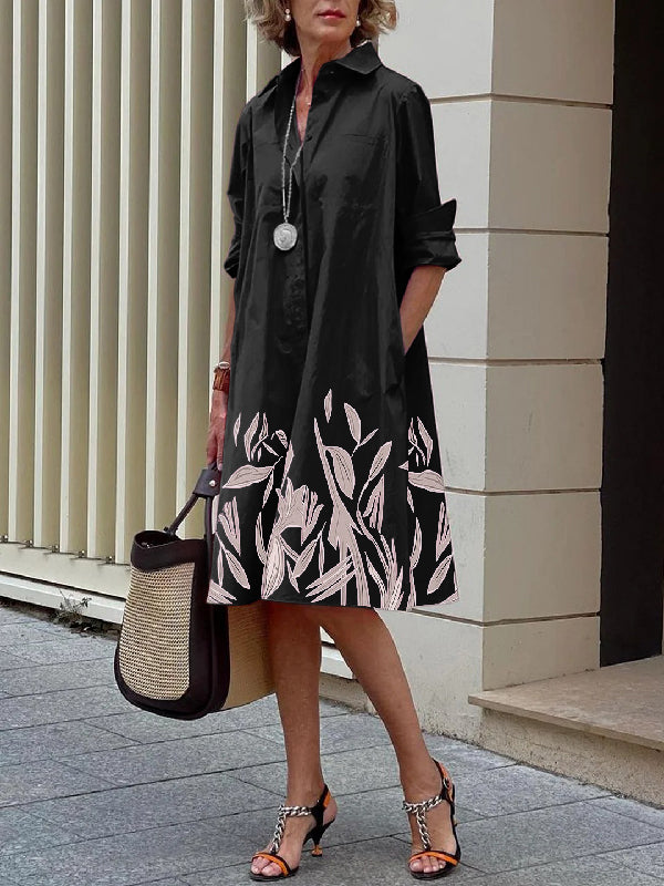 Long Sleeves Leaves Print Lapel Midi Dresses