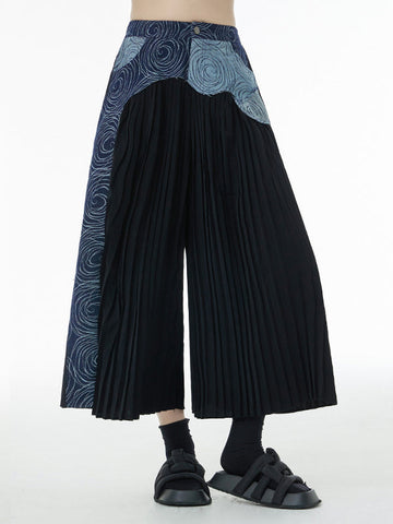 Wide Leg Ninth Pants High-Waisted Contrast Color Pleated Split-Joint Ninth Pants