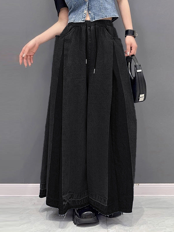 Contrast Color Drawstring Fringed Pockets Loose Wide Leg Jean Pants Bottoms