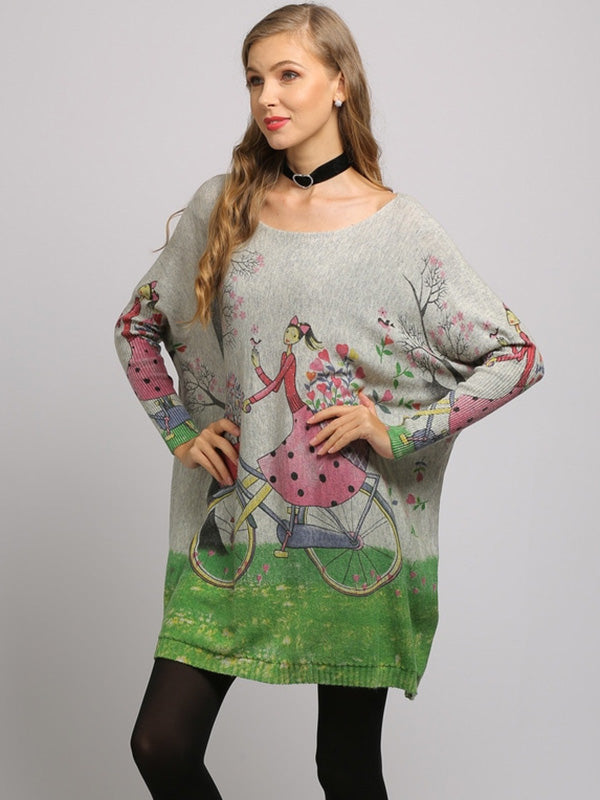 3 Colors New Vintage Batwing Sleeves Printed Sweater