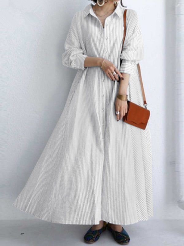 Buttoned Striped A-Line Long Sleeves Lapel Shirt Dress Maxi Dresses