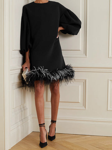 Loose Puff Sleeves Feathers Split-Joint Round-neck Mini Dresses Short Dresses