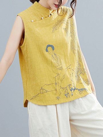 Artistic Retro Chinese-Style Printed Buttoned Stand Collar Sleeveless Vest