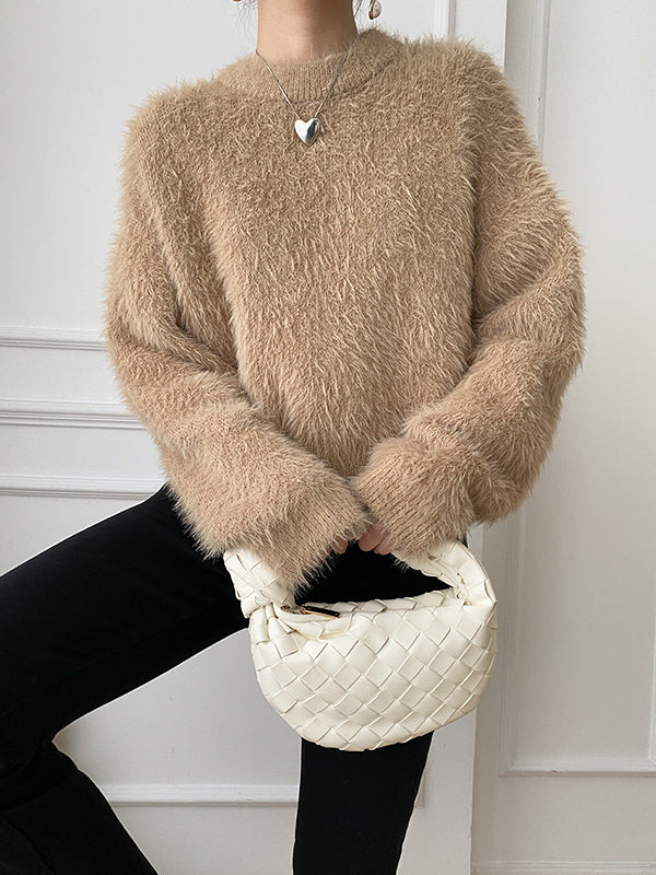 Simple Loose Long Sleeves Solid Color Round-Neck Sweater Tops