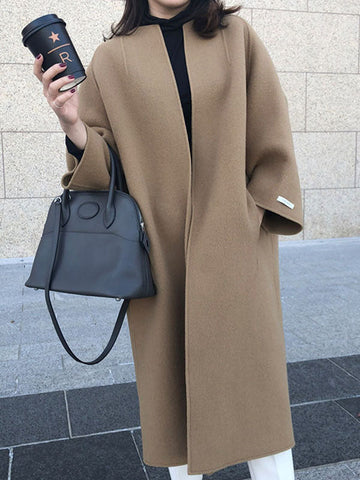 Solid Color Long Sleeves Loose Collarless Woolen Coat