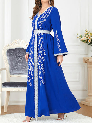 Belted Embroidered Split-Joint A-Line Long Sleeves V-Neck Maxi Dresses