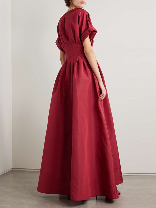 Buttoned Pleated Solid Color Loose Short Sleeves Round-Neck Maxi Dresses