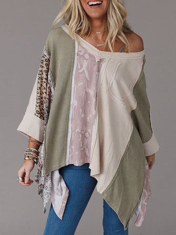 Asymmetric Leopard Split-Joint Split-Side Long Sleeves Loose One-Shoulder Sweatshirt Tops