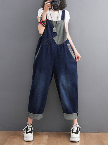 Casual Denim Contrast Color Split-Joint Overalls