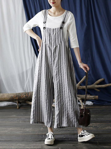 Casual Contrast Color Striped Wide Leg Overalls