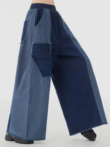 Contrast Color Elasticity Fringed Split-Joint High Waisted Loose Jean Pants Bottoms