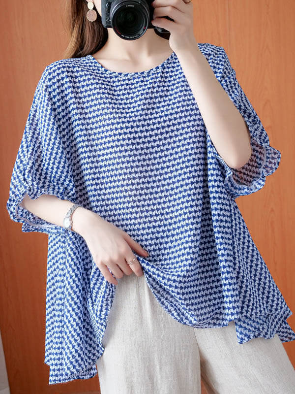 Casual Split-Joint Plaid Round-Neck Batwing Sleeves T-Shirts