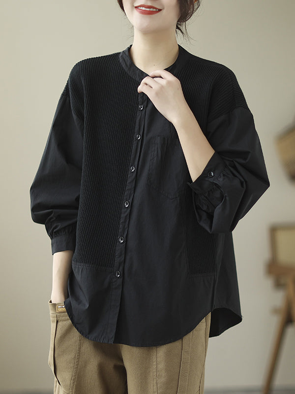 Asymmetric Buttoned Pockets Split-Joint Long Sleeves Loose Round-Neck Blouses&Shirts Tops