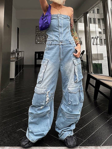 Buttoned Hollow Pockets Wide Leg High Waisted Sleeveless Tube Jumpsuits