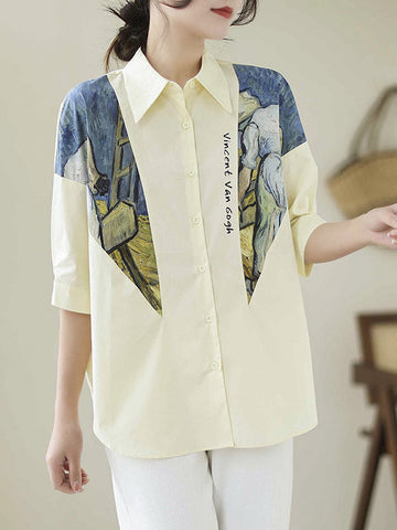 Printed Half Sleeves Loose Lapel Blouses&shirts Tops