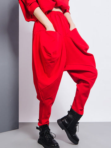 Casual Loose Split-Joint Solid Color High-Waisted Harem Pants