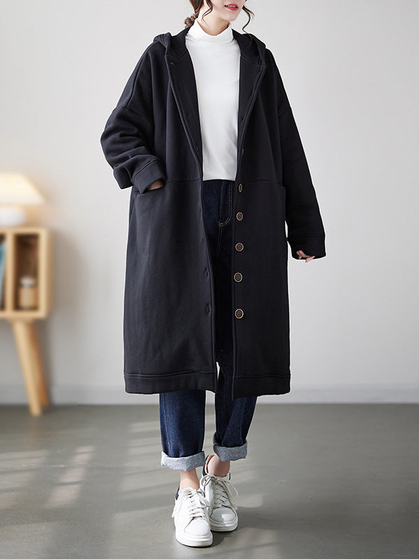 Buttoned Pockets Long Sleeves Loose Hooded Outerwear