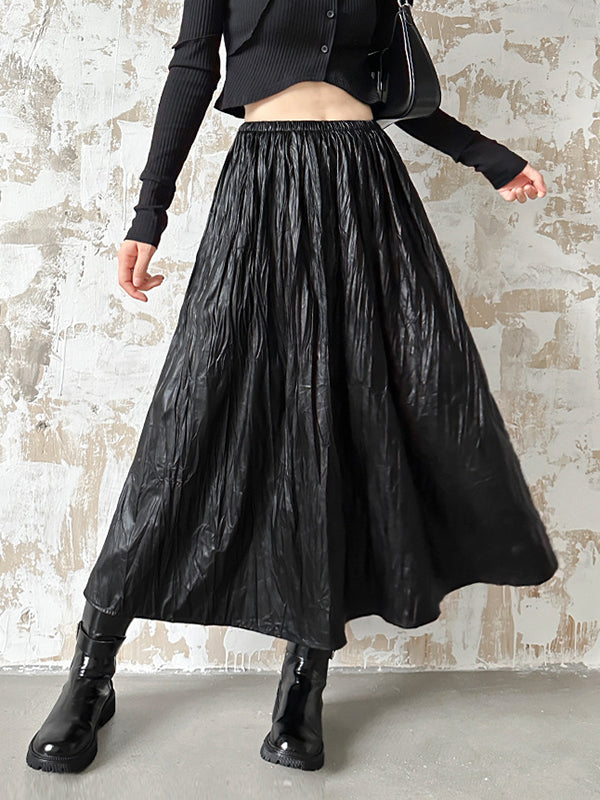 Elasticity Pleated Solid Color A-Line High Waisted Skirts Bottoms