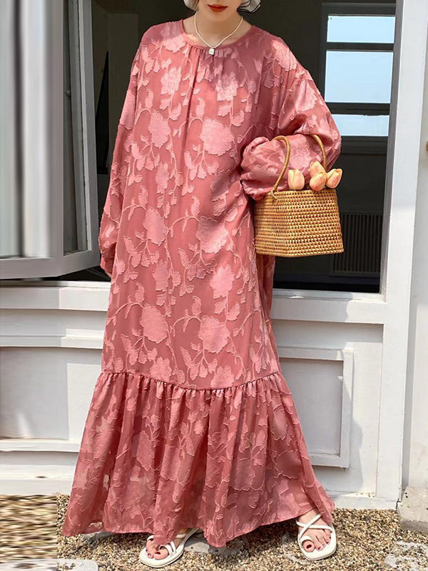 Flower Print Pleated Solid Color Split-Joint Tied Waist Long Sleeves Loose Round-Neck Maxi Dresses